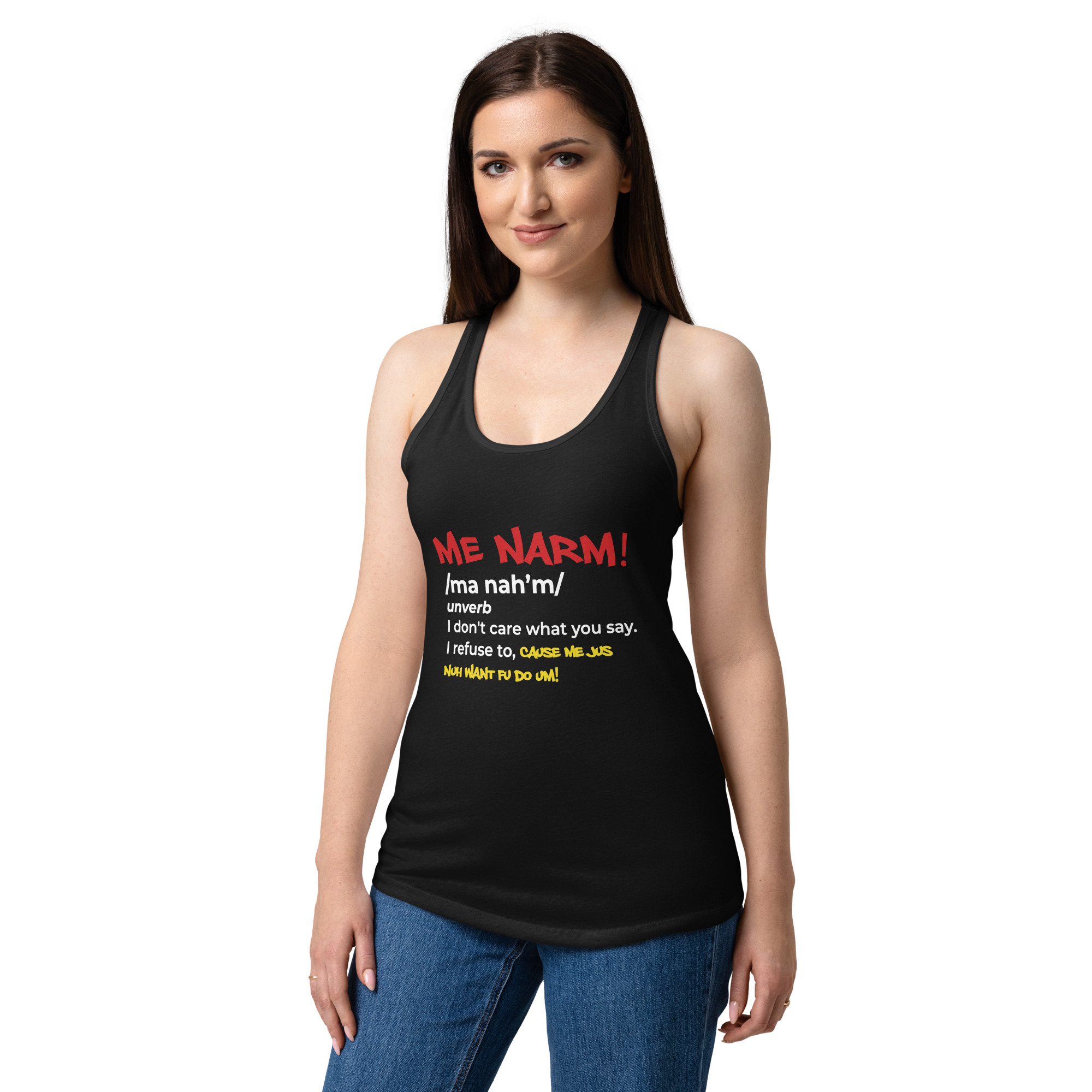 Me Narm! Women’s fitted racerback tank top